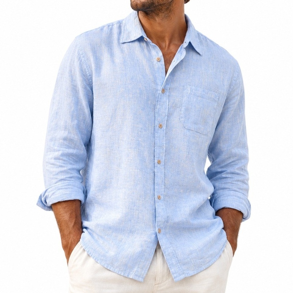Ocean & Coast Linen Shirt Mens Large Blue Roll Tab Sleeve Coastal Beach Resort